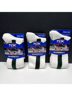 Baseball Socks White W/Green Stripe Size Small Twin‎ City TCK 3 Pairs See Chart